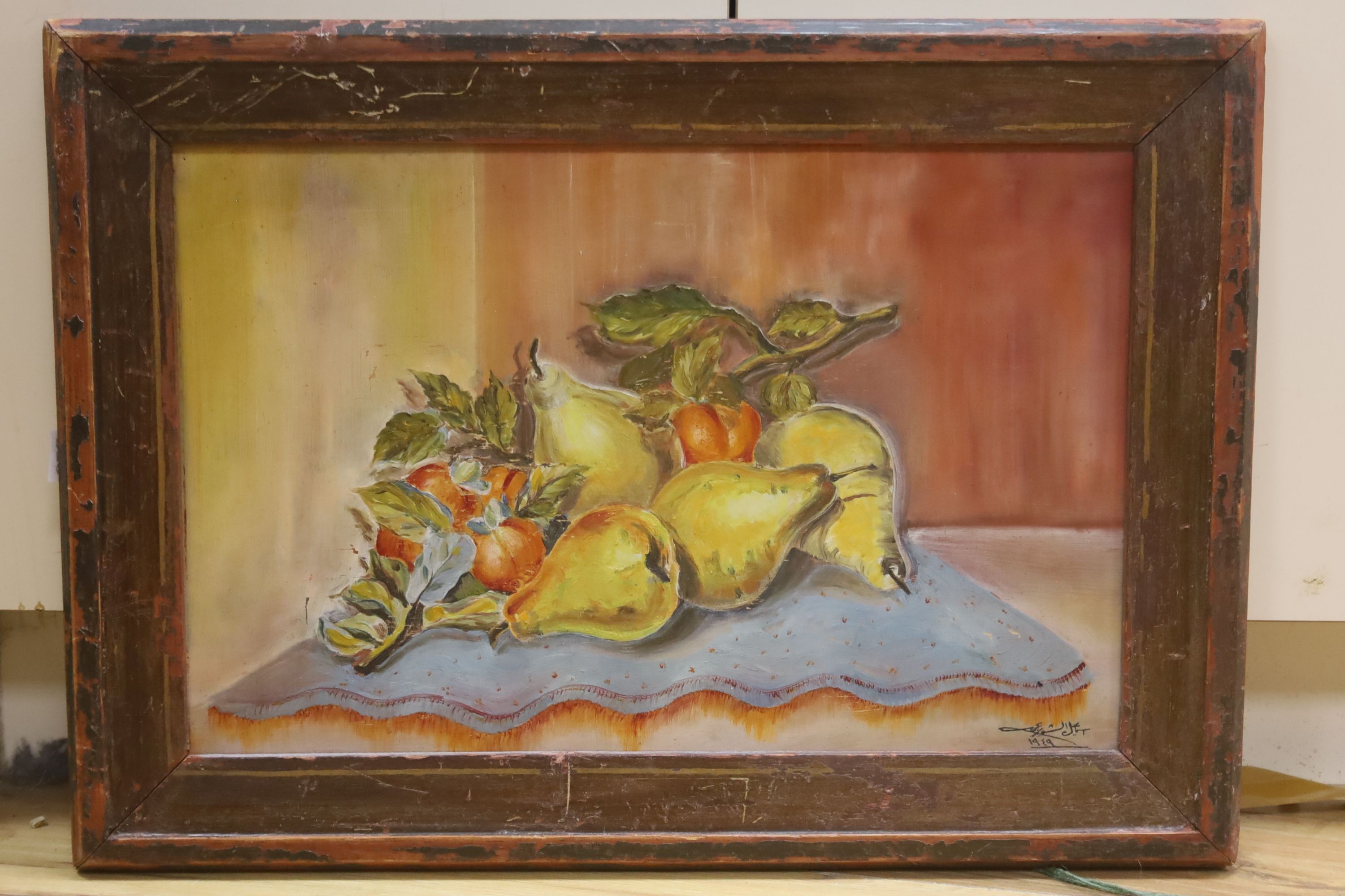 Continental School, oil on panel, Still life of fruit, indistinctly signed and dated 1939, 37 x 58cm